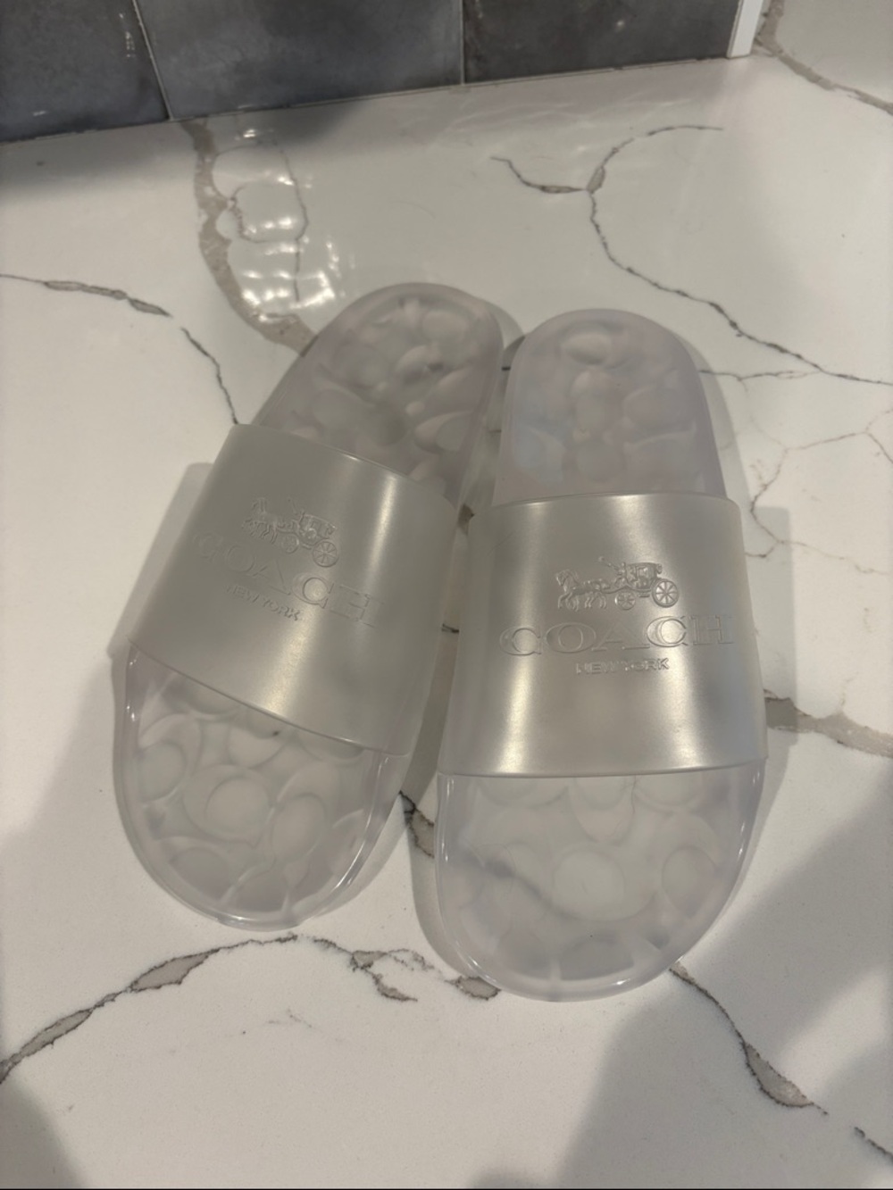 Coach Metallic Silver Logo Slide Sandals